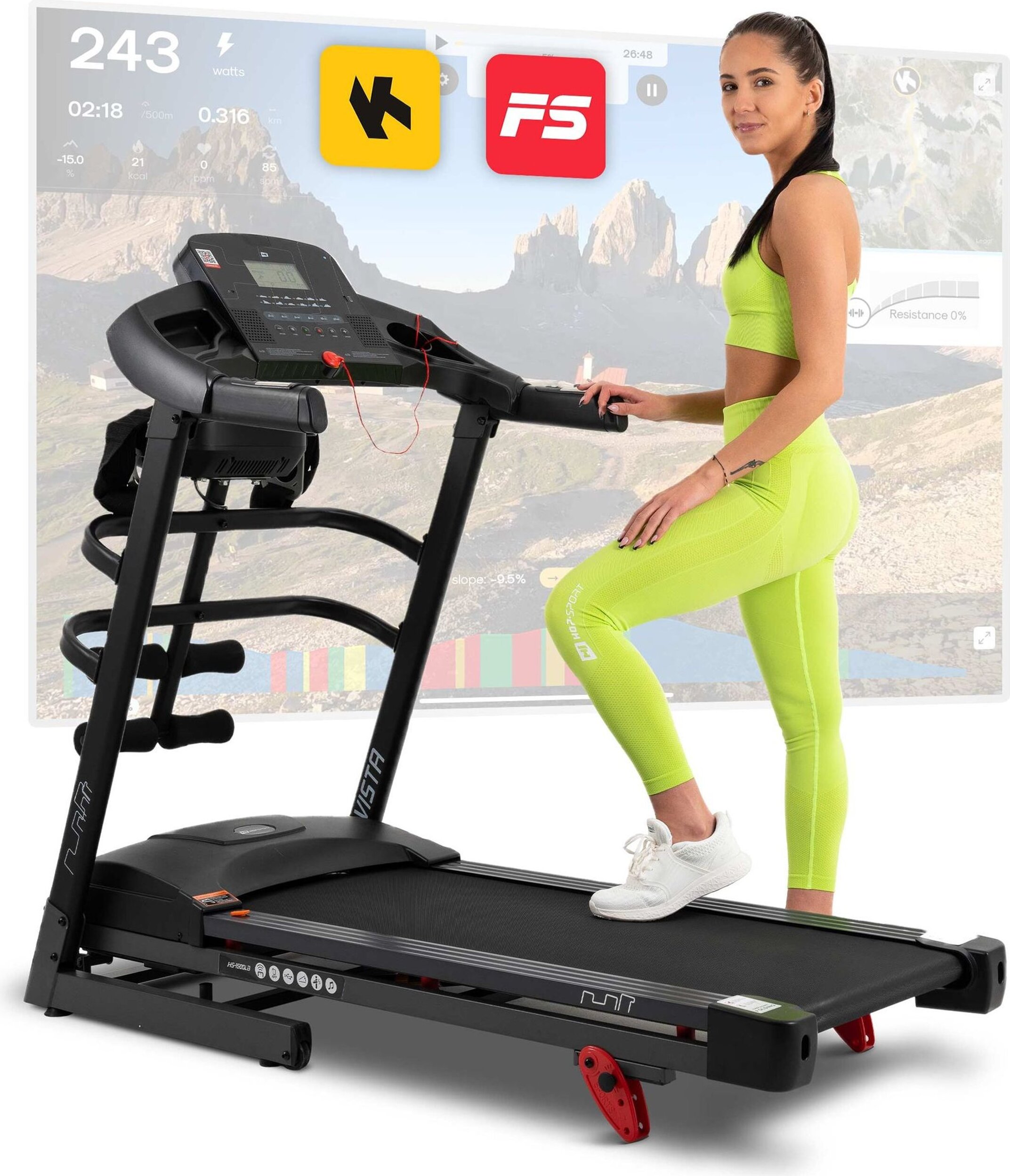 Hop-Sport HS-1500LB Laufband für Zuhause klappbar elektrisch - mit App-Steuerung, LCD Display und 12 Programmen, bis 16km/h - inkl. Massagegürtel