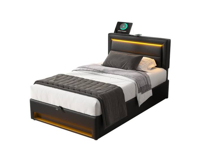 Stilvora Polsterbett 90/190 cm in Schwarz mit Stauraum, LED und Usb, 90x190 cm, Schlafzimmer, Betten, Polsterbetten