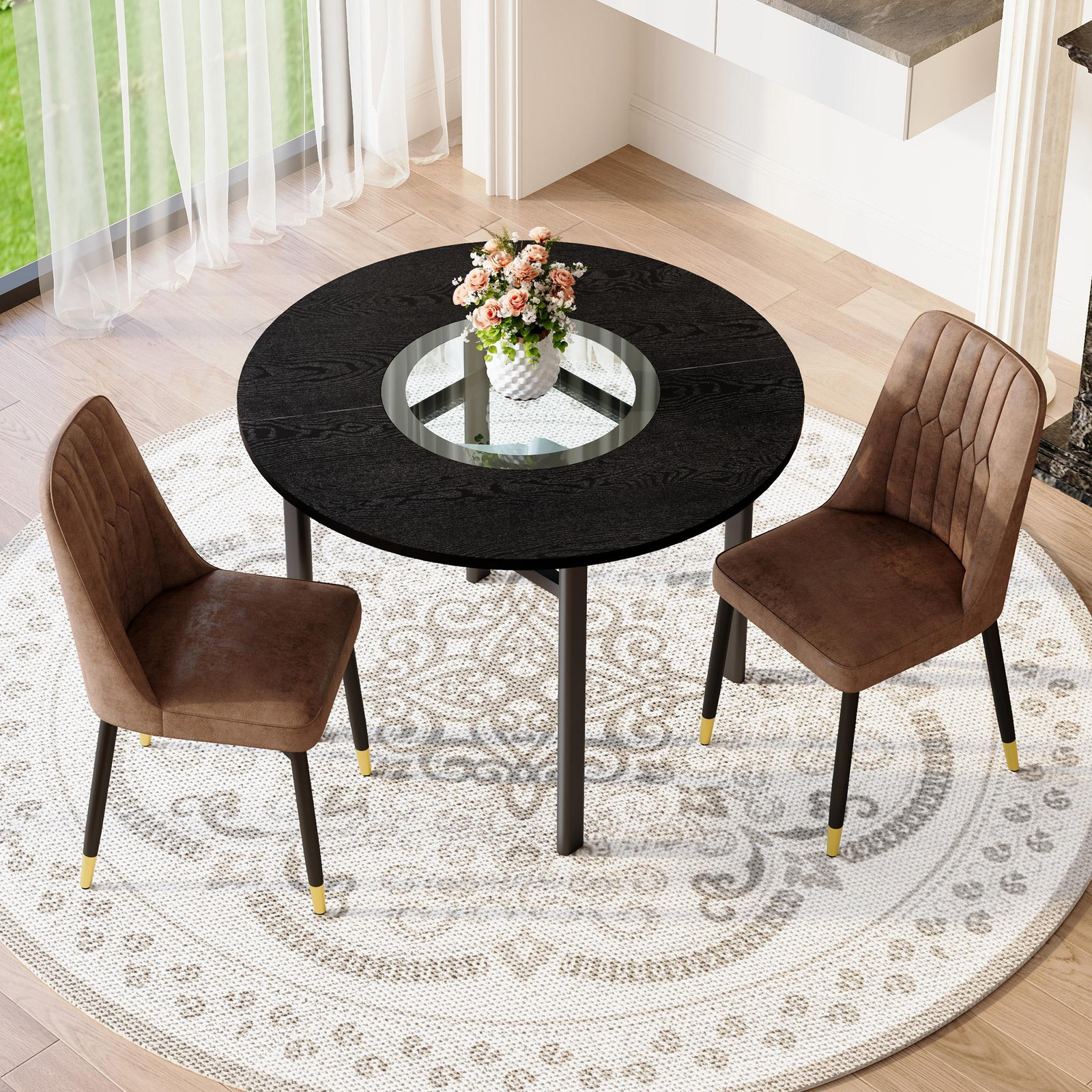 STILVORA Eetset met ronde eettafel en 2 stoelen in zwarte houten look en technisch textiel