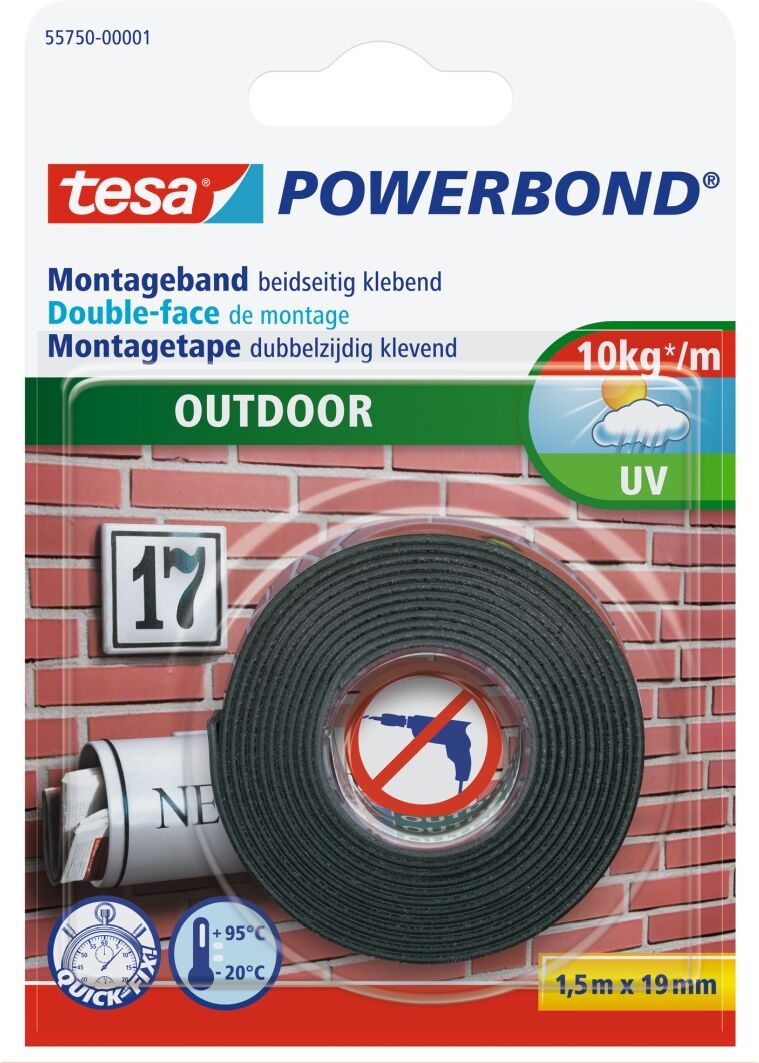 tesa POWERBOND OUTDOOR, Montageband beidseitig klebend, wasserfest, 1,5 m x 19 mm