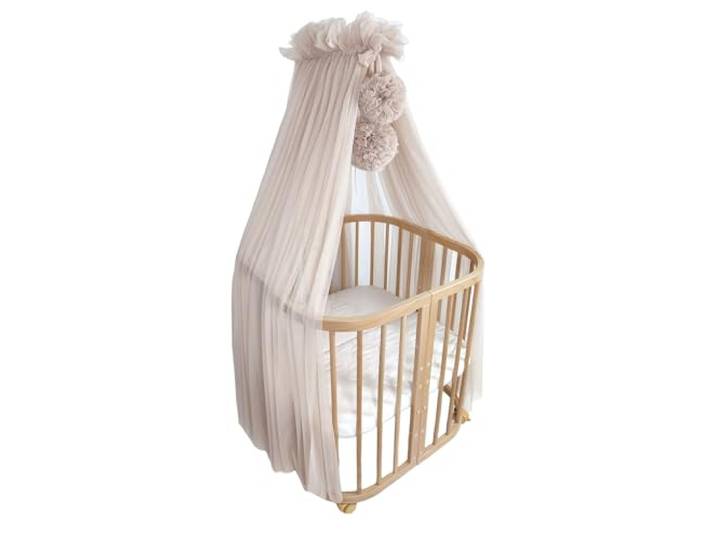 KOELL Baldachin Kinderzimmer – Betthimmel mit Pompons, Zur Befestigung am Babybett, Metallgestell mit Hülle, Handgenäht, Oeko-Tex Tüll, Beige