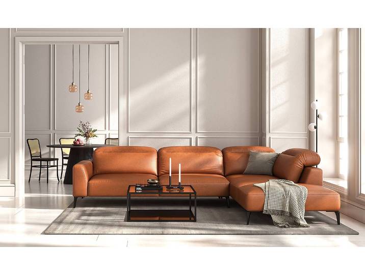 Ecksofa mit Ottomane Braun/Kastanienbraun Echtleder Danbi 325cm Ottomane davorstehend rechts Modern