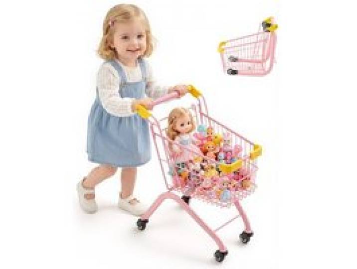 VEVOR Chariot de Courses pour Enfants, Cadre en Acier, Chariot de Supermarché Jouet avec Roues Pivotantes, pour Enfants de 3 ans et plus, Panier en Maille Dense, Pliable et Panneau Arrière Relevable