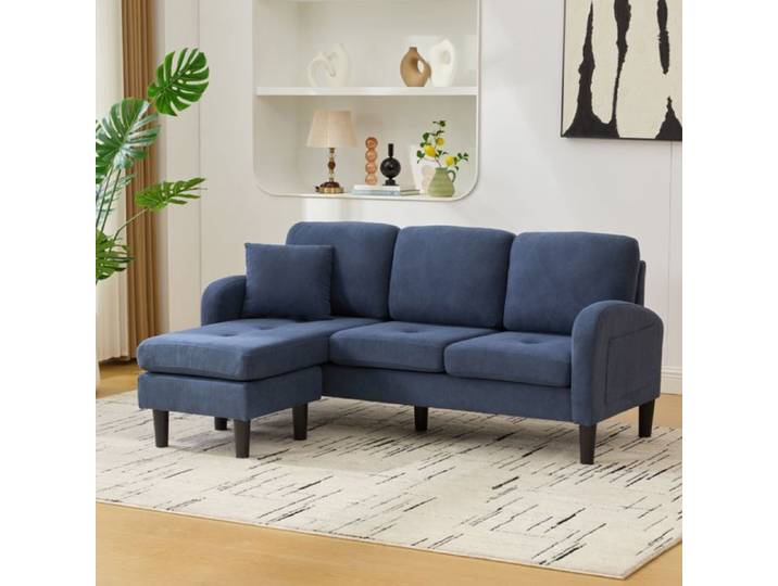 Xylo Canapé d'Angle en L 3 Places Velours Côtelé Pieds Plastique Modulaire Bleu