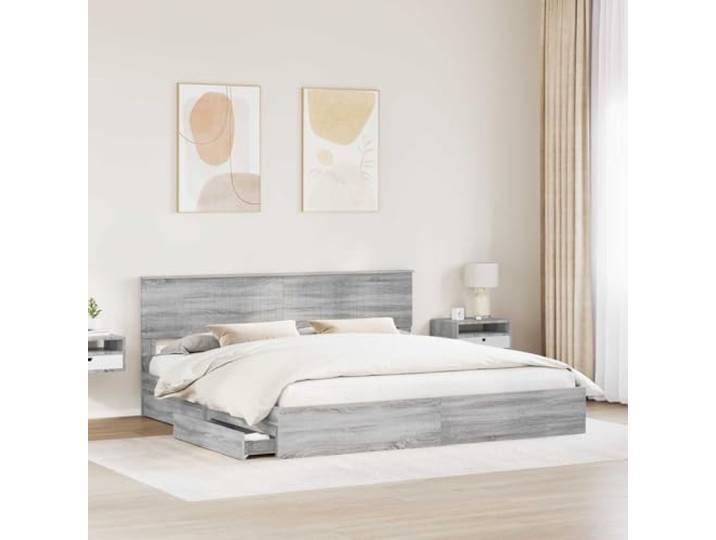 SKTQYQO Boxspringbett Grau Sonoma 200 x 200 cm Technisches Holz, integrierte Schubladen, Latten im Lieferumfang enthalten, maximale Belastung 200 kg
