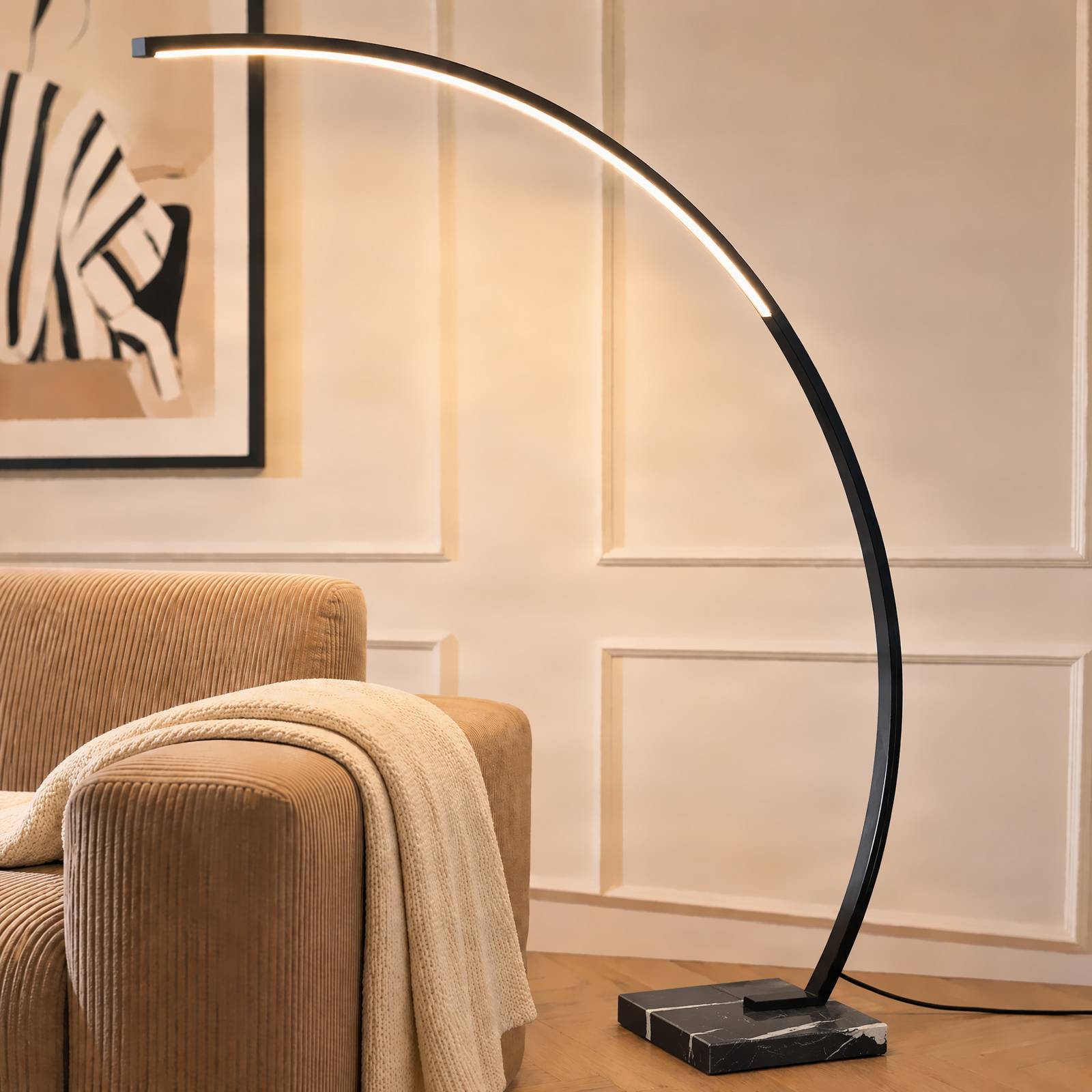 Bogenlampe Kendra Lindby, dimmbar, schwarz, für Wohn- / Esszimmer, Metall, Modern, Stehlampe