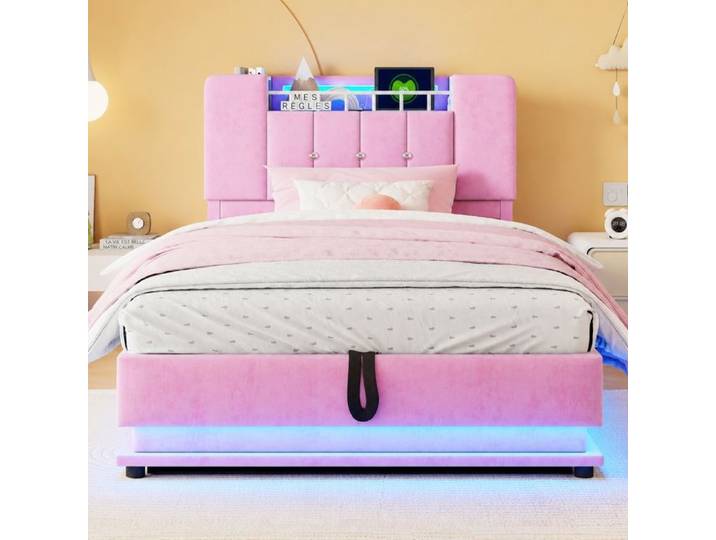 Norevia Lit coffre enfant 90x200 cm capitonné rose avec éclairage LED sans matelas