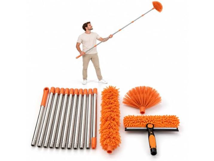 Relaxdays Kit plumeau\, orange Dépoussiéreur télescopique\, 3 embouts\, manche 0\,8-4 m en 10 parties\, balai toiles d'araignée\, lave-vitres\, 60 °C