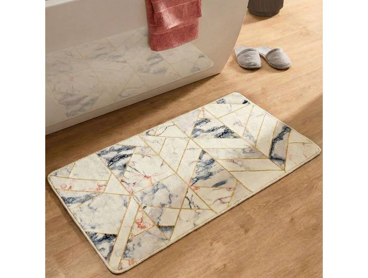 Badematte GINO FALCONE Aquata GF-155, Badvorleger, Badezimmer Teppich , weiss (creme), H:7mm, Kunstfaser, Badematten, Badematte, Badteppich, bedruckt, Marmor Design, rechteckig
