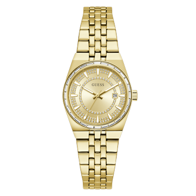 Quarzuhr GUESS "VERA", goldfarben, champagnerfarben, champagnerfarben, Armbanduhren, Damen, goldfarben, Quarzuhr, Armbanduhr, Damenuhr, Edelstahlarmband, analog, Tag