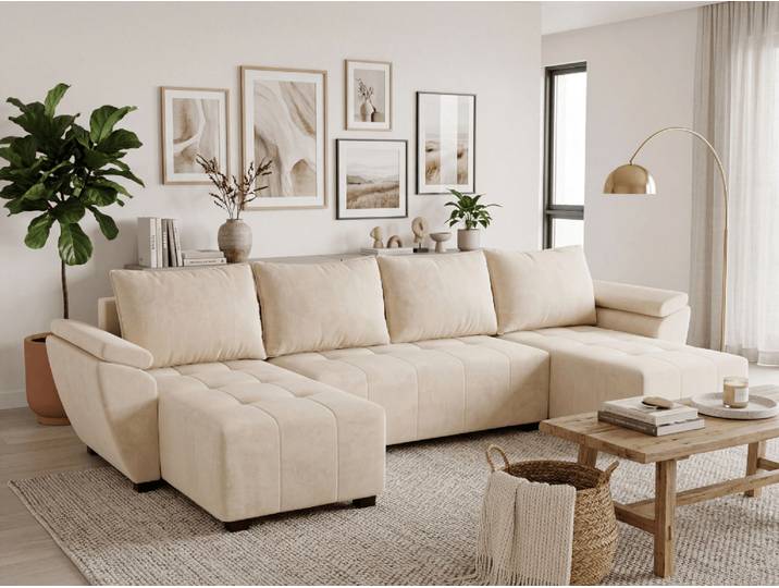 ANGEBOT Ausziehbare Wohnlandschaft in U-Form LIVARO 305x140 cm, creme II. Wahl