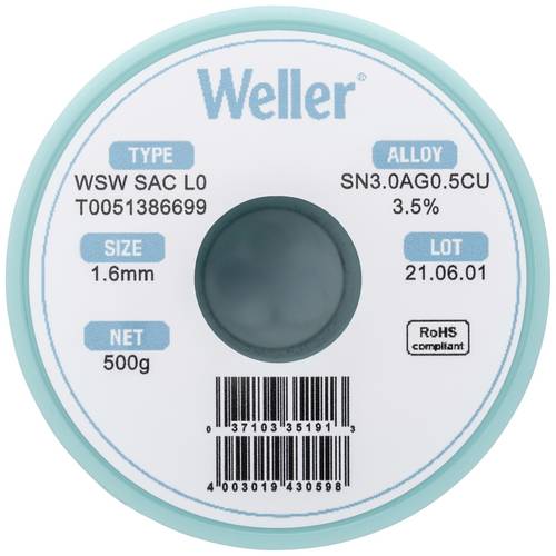 Weller T0051386699 Lötzinn, bleifrei Spule, bleifrei Sn3,0Ag0,5Cu 500g 1.60mm