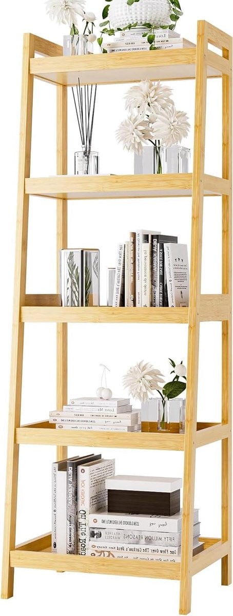 Ladder Boekenplank en Plantenstandaard van Natuurlijk Bamboe, Hoogte: 127 cm