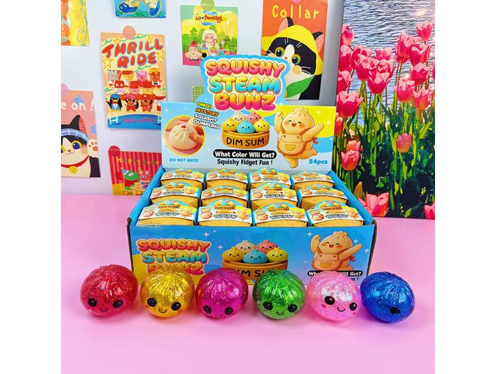 Boîte mystère Squishy Dim Sum Bun Pailleté Kawaii, Pain vapeur à presser avec visage mignon, à rebond lent, anti-stress et décompression