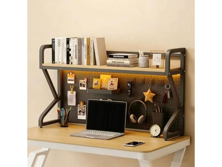 Tischregal 1/2 Etagen Tischaufbewahrungsregal Mit Aufhängeleiste Platzsparend Für Wohnheime, Büros und zu Hause(1‑Tier Black+Beige,130cm/51in)