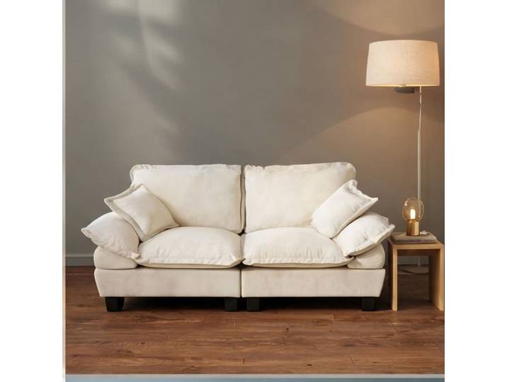 Canapé 2 places fixe compact adapté aux petits espaces en chenille linen beige au design inspiré du voilier