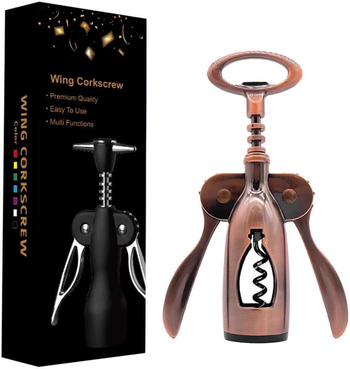 INF Tire-bouchon à ailes cuivre antique – Acier inoxydable multifonction avec vis en spirale et ouvre-bouteille