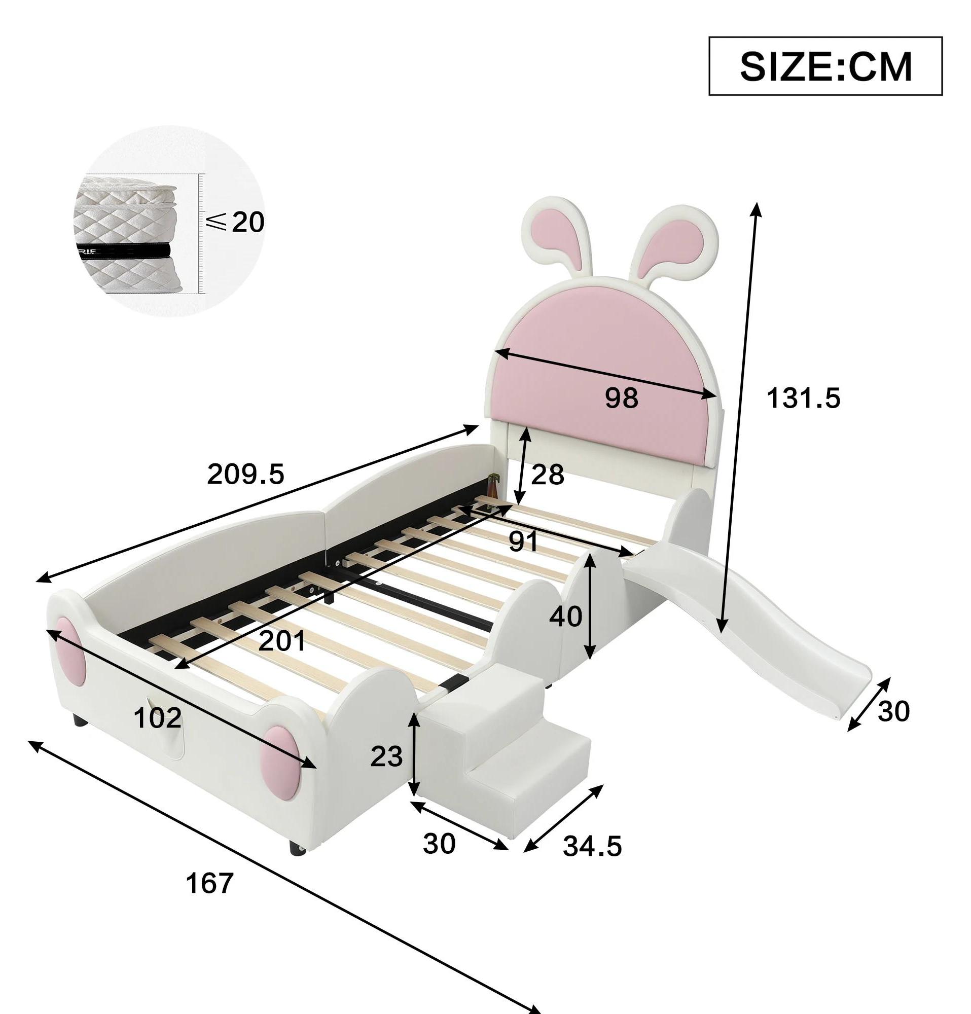Kindereinzelbett - Polsterbett 90x200 cm - Kopfteil Mit Hasenohren - Holzgestell - Mit Treppe Und Rutsche - Mit Stauraum