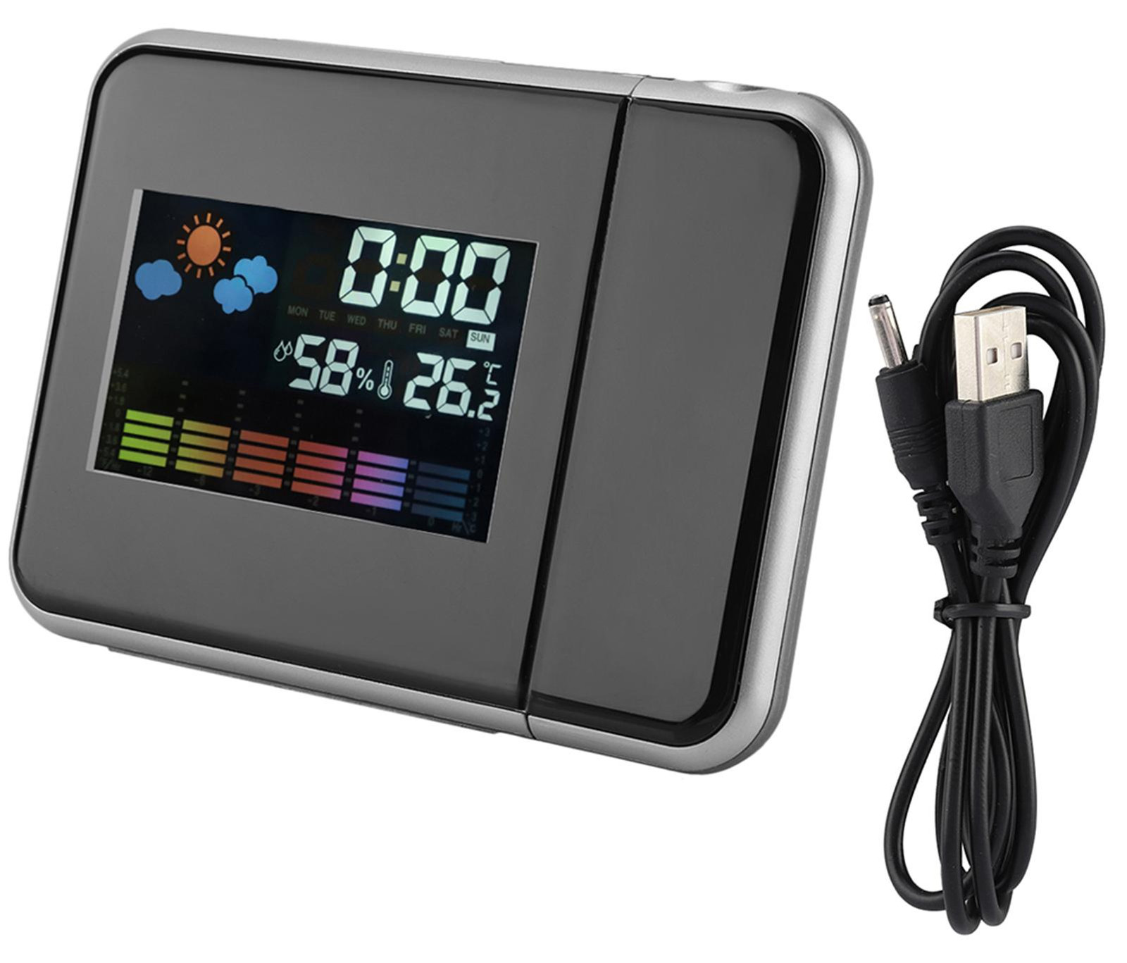 Gistuch Digitale LED-projector met weersvoorspelling, kalender, luchtvochtigheidsindicator en wekker - Zwart