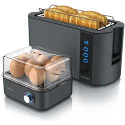 Arendo 2-teiliges Frühstücksset - 4-Scheiben Langschlitz Toaster, 8er Eierkocher, Grau