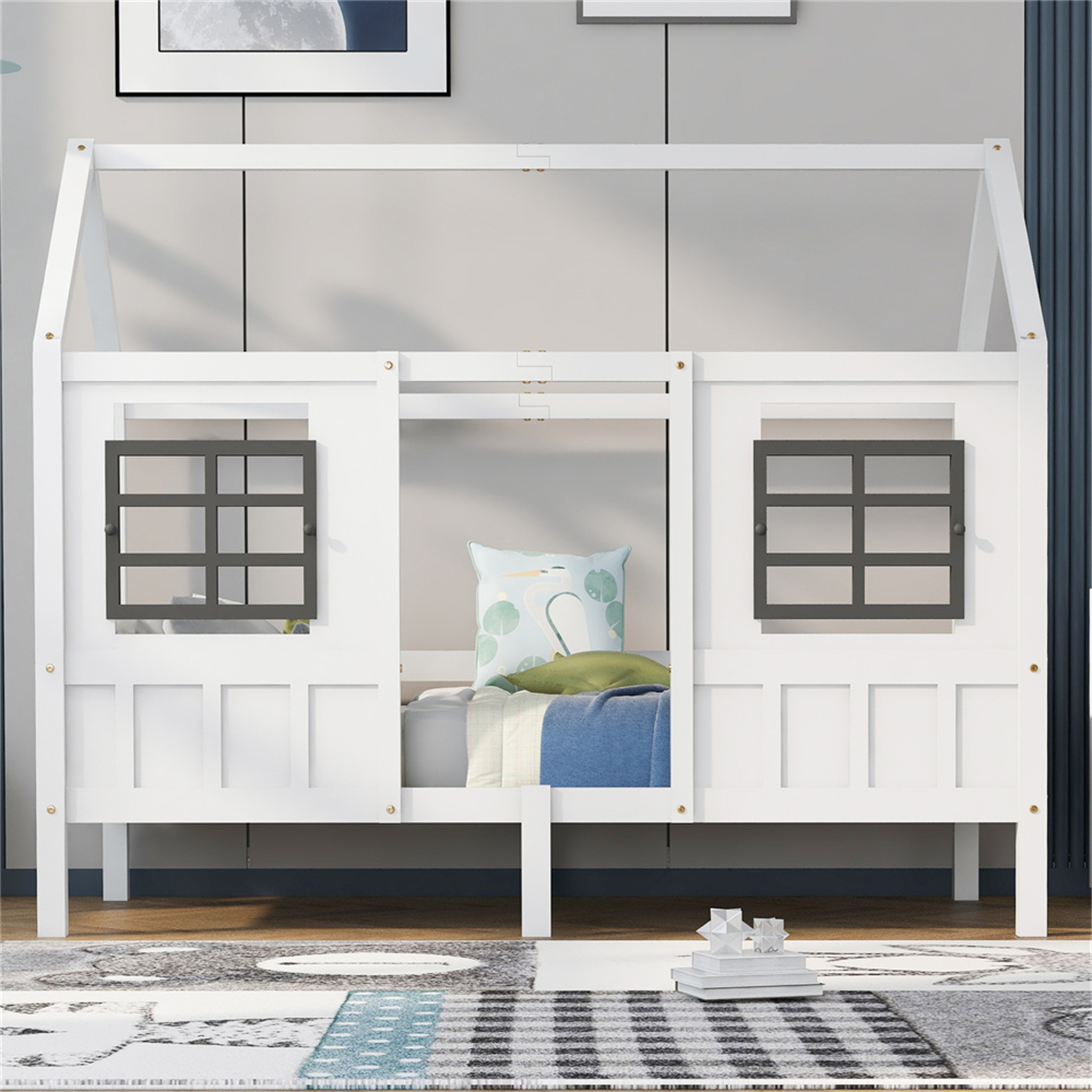 Jugendbett Hausbett, Einzelbett, Tagesbett, Kinderbett mit 2 Fenstern, Rahmen aus Kiefer, MDF, weiß