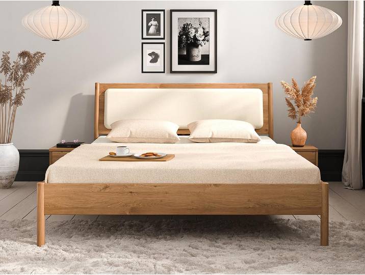 Bett PARIS Eiche massiv mit Leinen-Polsterkopfteil 140x200