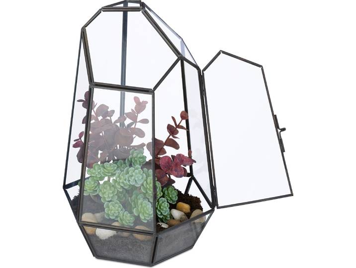 Terrarium végétal Relaxdays\, verre et cuivre\, 26 x 18 x 15 cm\, boîte en verre pour cactus et mousse\, motif géométrique\, pour rebord de fenêtre\, noir