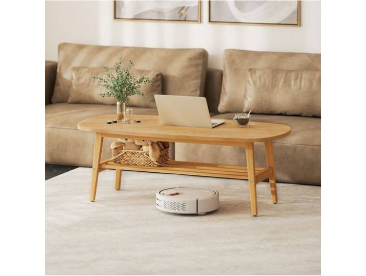 Table basse ovale avec étagère ouverte bords biseautés et grande surface - MODENVIE - Bois naturel 120×60×42 cm