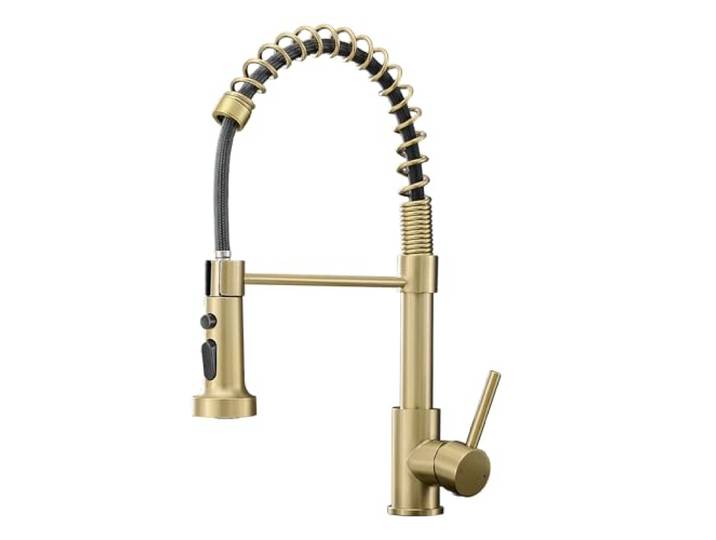 Gebürstete Gold-Küchenarmatur, AIMADI Küchenarmaturen mit herausziehbarem Sprüher, Einzelgriff, Einloch-Wasserhahn für Bauernhaus, Goldwasserhahn für Küchenspüle
