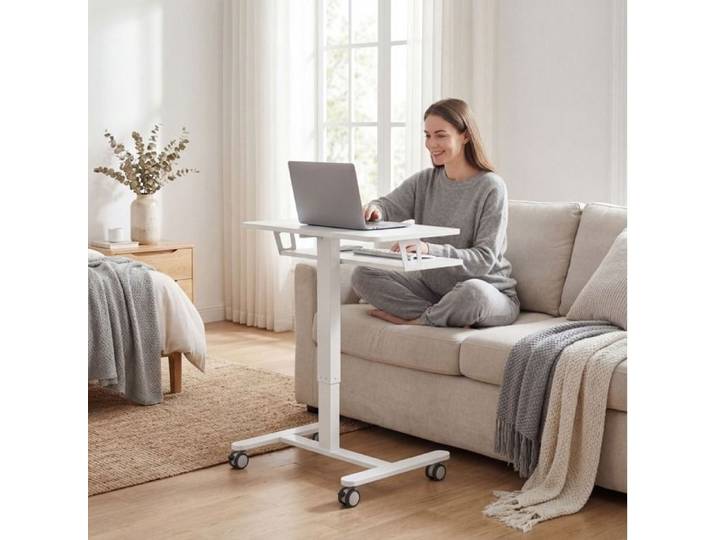 Bureau assis-debout réglable en hauteur avec tablette clavier et roulettes cadre en acier pour bureau blanc - UVRION