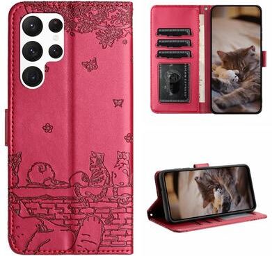 Inspired Deals Cute Cat Embossed Wallet Phone Case For Samsung Galaxy With Card Holder And Lanyard For Samsung Galaxy S22 Ultra red