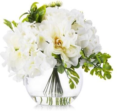Enova Home Cream Artificial Silk Hydrangea Roses and Peony Mixed Fake Flowers in Round Clear Glass Vase for Home Decoration