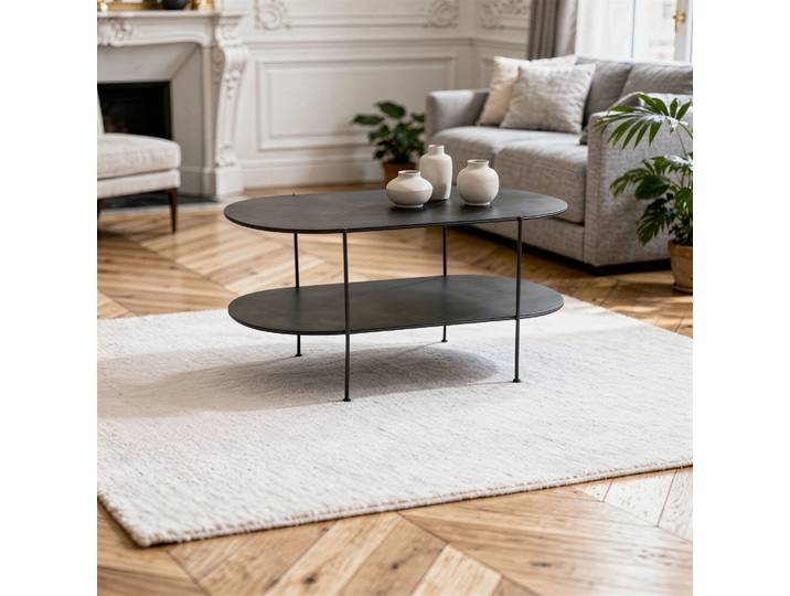 Table basse ovale double niveau en métal noir mat Bellevue