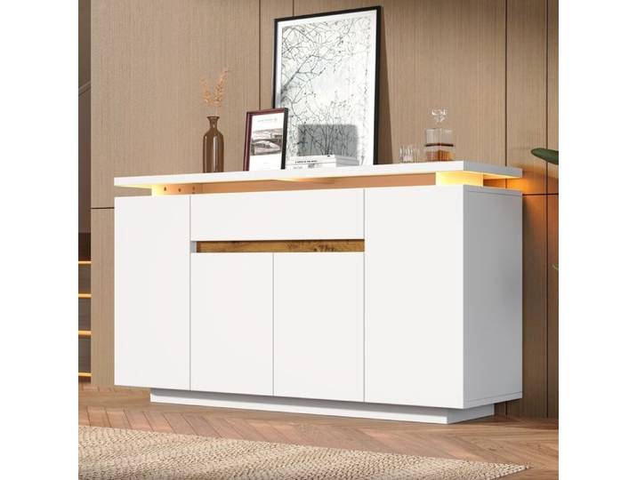 Buffet avec éclairage LED Armoire de Rangement avec 1 Tiroir et 4 Portes Buffet Moderne Pour Salon Couloir ou Cuisine 140x40x80cm