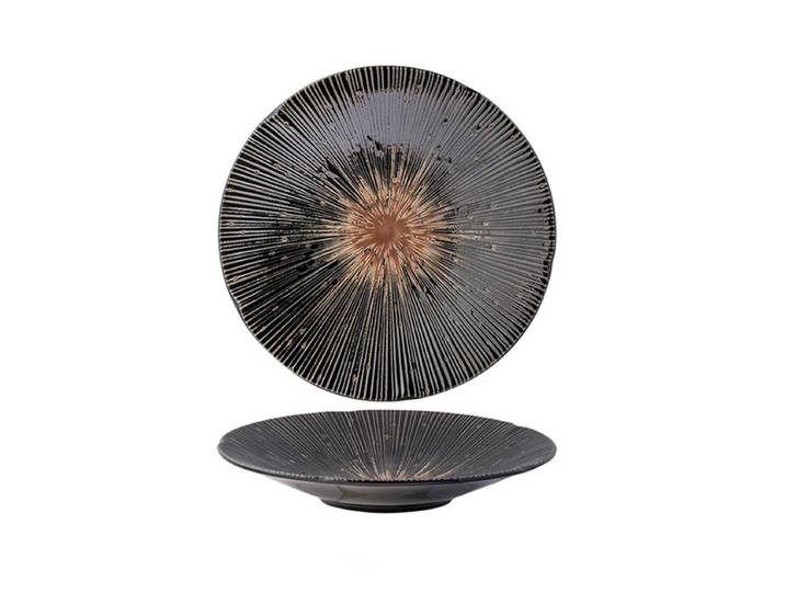 MINOYAKI, Assiette coupe noire japonaise Sendan Tokusa 8,8 pouces, Assiette à dîner en céramique avec motif Tokusa rayonnant, Assiette à soupe pour pâtes et curry, Compatible micro-ondes et lave-vaisselle