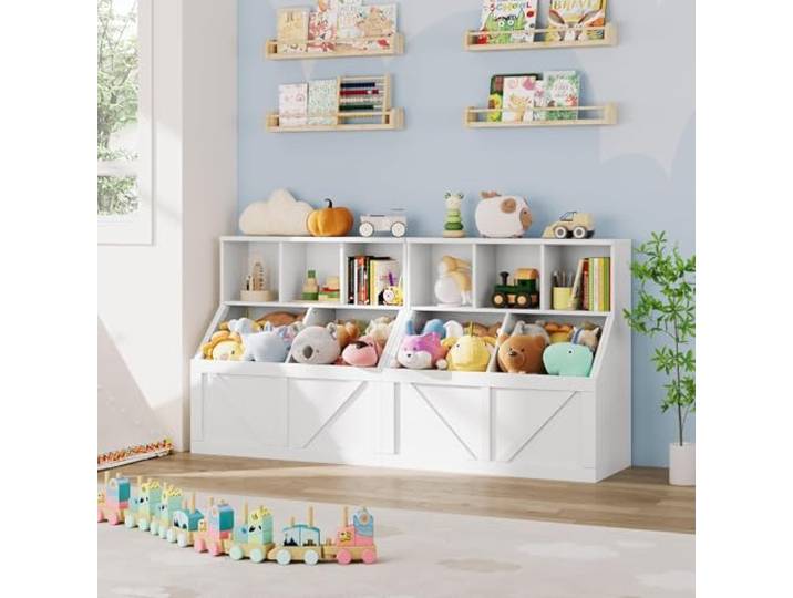 IDEALHOUSE 2er-Set Kinder-Bücherregal Mit Spielzeugaufbewahrung - Holz-Organizer Mit Offenen Cubby-Fächern Und Stoffboxen Fürs Kinderzimmer, Spielzimmer Und Kita