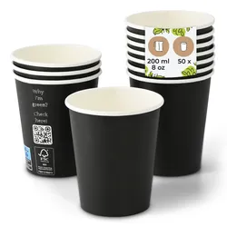 BIOZOYG 50 Stück Einwegbecher 200ml / 8oz Pappbecher Einmalbecher schwarz bedruckt Kaffee Heißgetränke Recycling biologisch kompostierbar