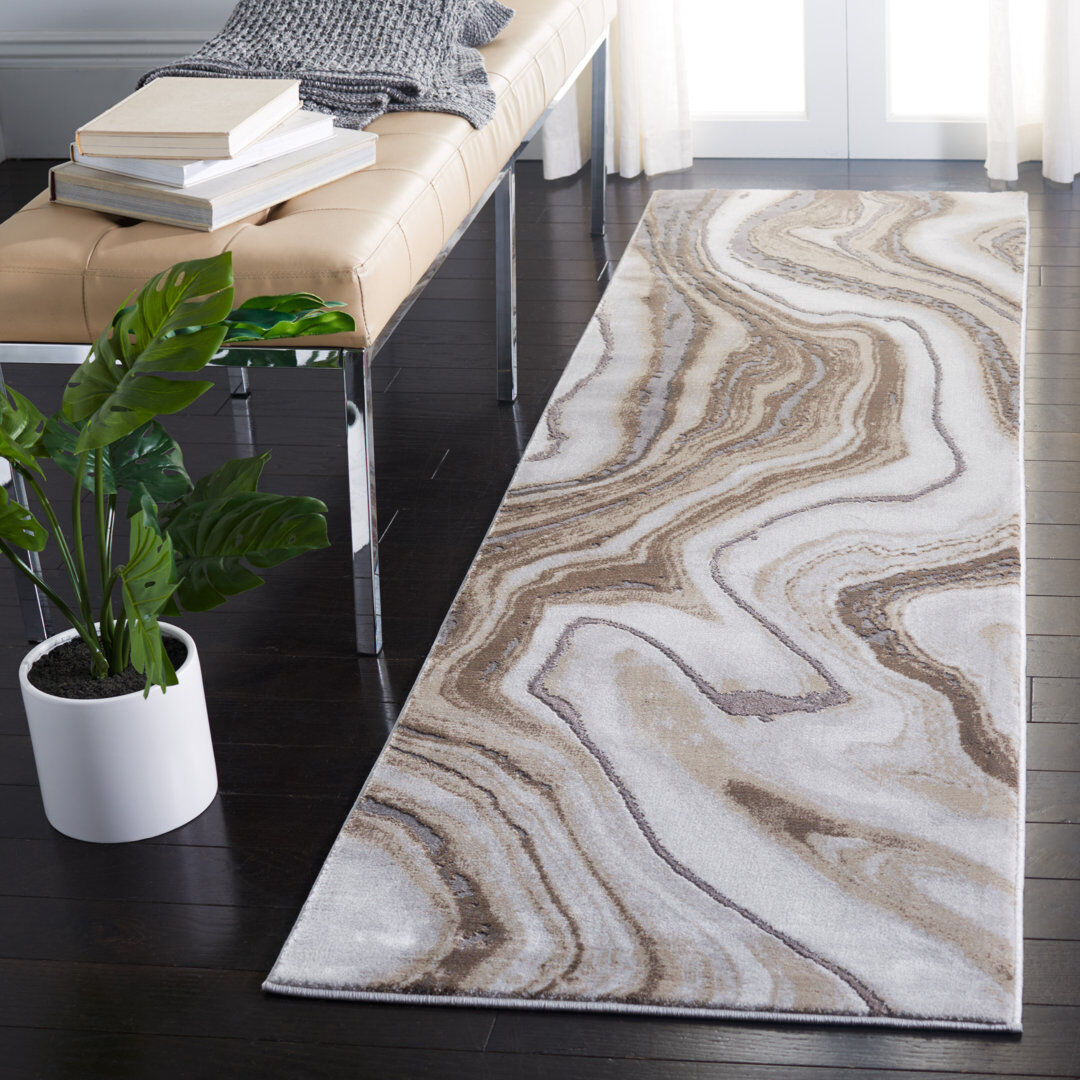 Ivy Bronx Ahanu Abstract Area Rug Gold Runner 69 x 244 cm