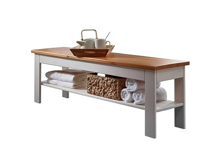 Lomadox Schlafzimmer Bank Bettbank Ablagebank in Kiefer massiv weiß mit Honig, B/H/T: ca. 140/45/35 cm