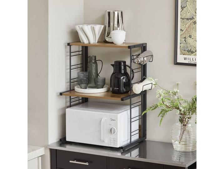 SoBuy Étagère pour micro-ondes Étagère de cuisine avec 2 étagères et 2 porte-bouteilles Mini-étagère à épices Design industriel LHT env. : 60x72x36cm KCR08-PF