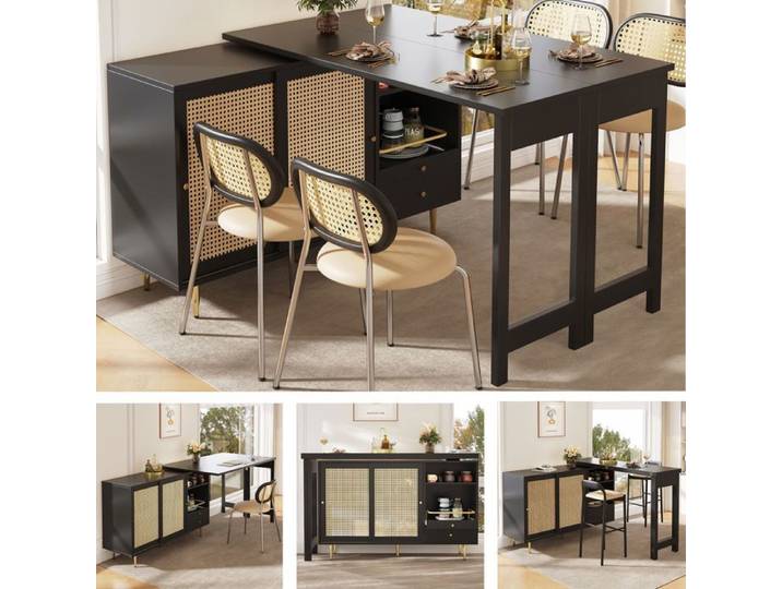 Buffet bas - SOGEU - 110x40x70 - Plateau pivotant 360° extensible - Portes rotin - Pieds métal doré
