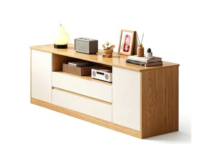 Tv Board mit Unterteiltem Stauraum, Tragkraft 50 Kg, Tv Schrank Hoch Tv Möbel mit Auszügen und Verstellbaren Regalböden, für Wohn und Schlafzimmer(Beige,140cm)