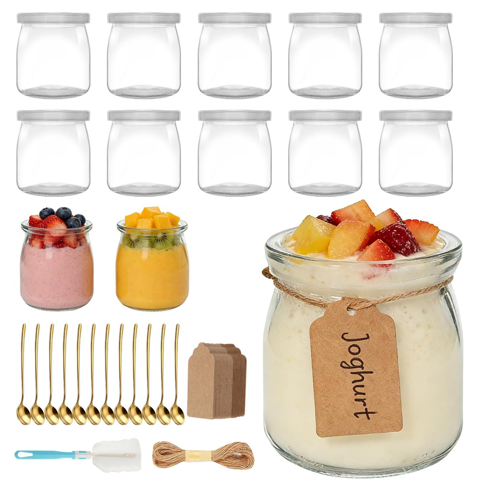 Dripio Set van 12 Dessertglazen met Deksel, Lepel, Etiketten, Koord en Borstel, 200 ml per stuk