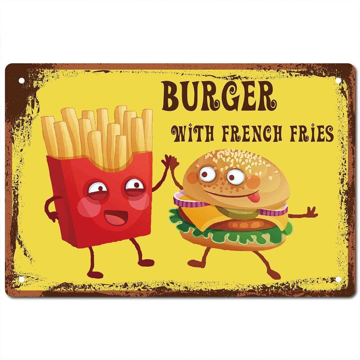 Allecto Vintage Muurdecoratie Tinnen Borden - Bruin - Hamburger met frietjes - 30,5 x 20,2 cm
