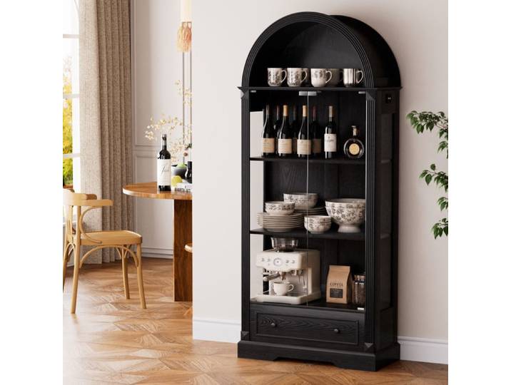 Vitrine noire arquée 180 cm en MDF et verre 2 portes vitrées LED à détection de mouvement 1 tiroir