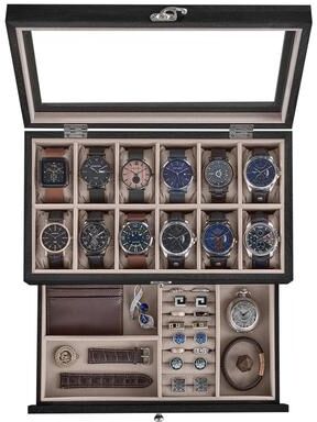 Uplifted Goods Premium Two Tier Watch Display Case With Clear Lid And Velvet Lining black