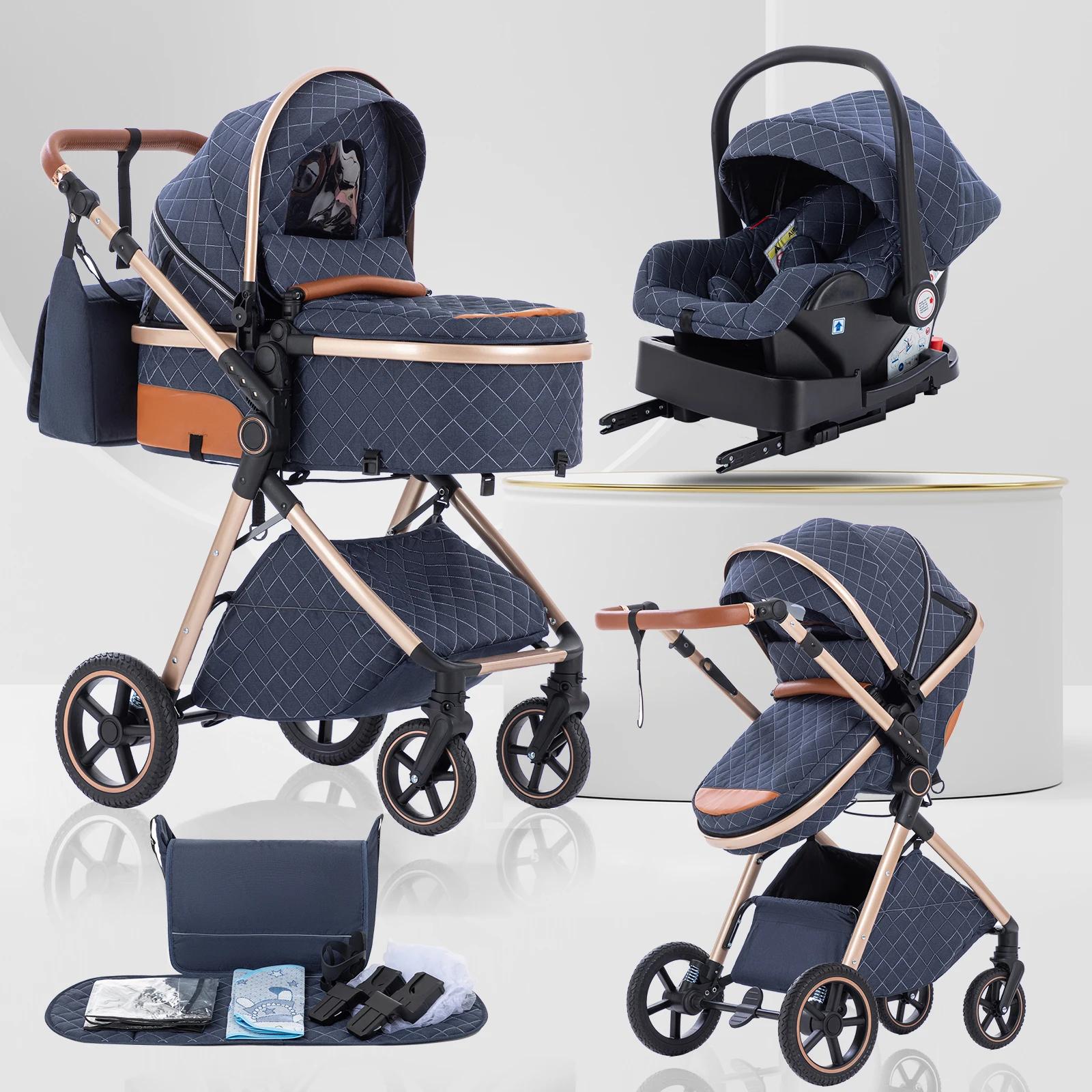 Kinderwagen 3 in 1 - V82 Travel System - Mit Babyschale - ISOFIX-Basis - Leicht faltbar - Traglast über 20 kg - - Blau