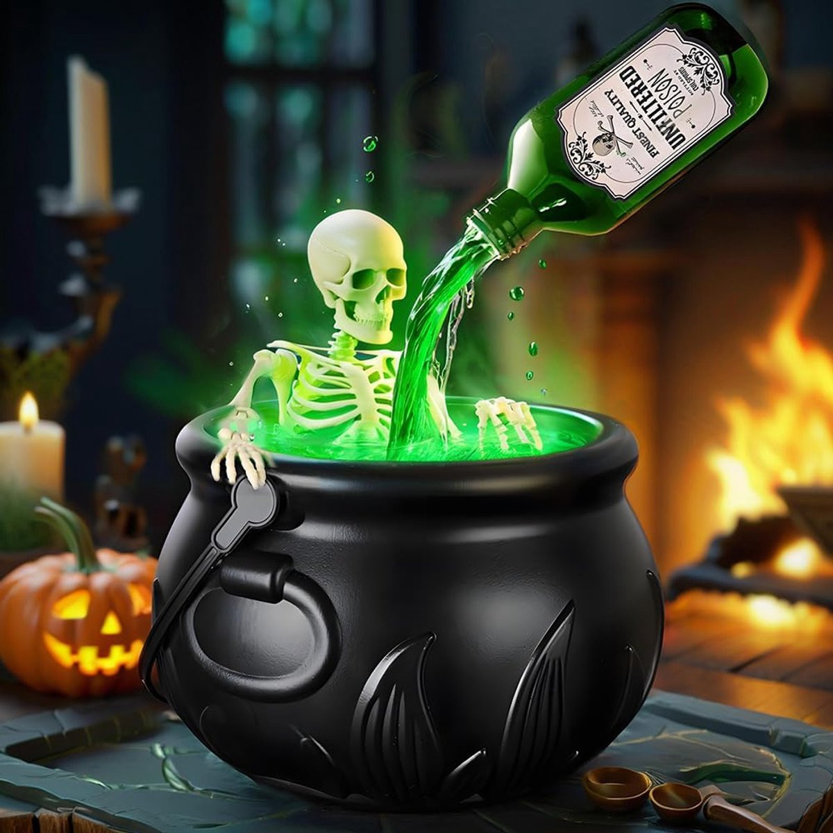 Zwarte Heksenketel Decoratie voor Halloween met Drijvend Dranken Effect, Hoogte: 19,5 cm