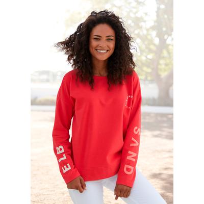 Sweatshirt ELBSAND "Anvor", Damen, Gr. L (40), rot, angeraute Sweatware, Obermaterial: 95% Baumwolle, 5% Elasthan, unifarben, figurumspielend hüftlang, Rundhals, Sweatshirts Sweatshirt, mit Logoprints auf den Ärmeln, sportlich-casual, Topseller