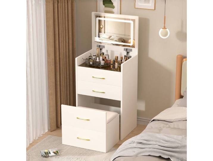 Coiffeuse 3 en 1 - DREAMMESPACE - Miroir LED - 3 tiroirs - Plateau en verre - Blanc